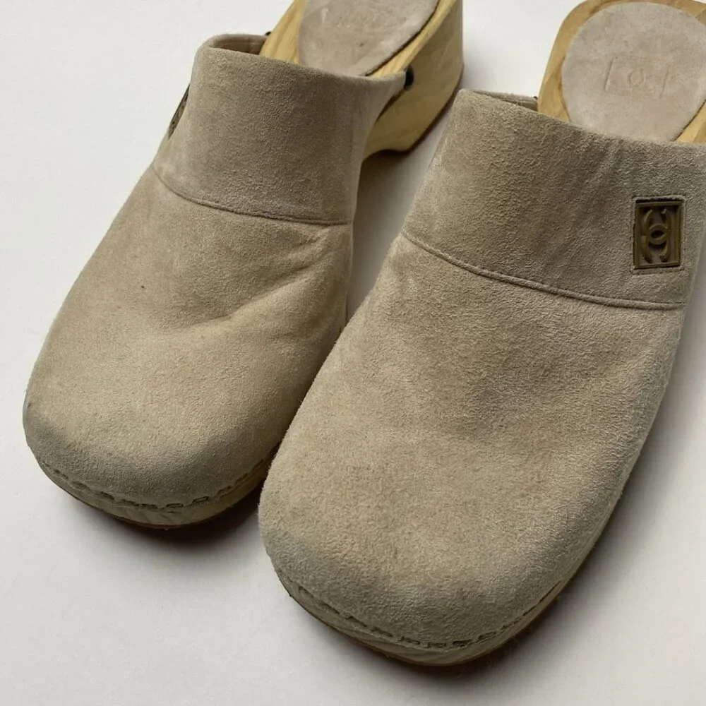 CHANEL Beige Suede Wooden Platform Clogs Size 37